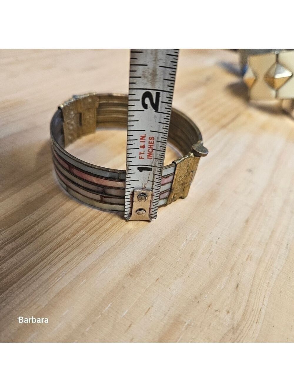 Vintage Inlaid Mother of Pearl and Brass Hinged Bracelet - Picture 8 of 8